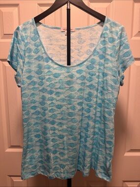 Liz Claiborne Aqua Blue Patterned Scoop Neck Tee